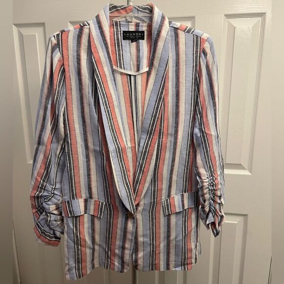 Laundry by Shelli Segal Boyfriend Blazer Linen Blend Striped Size Medium - Picture 1 of 7